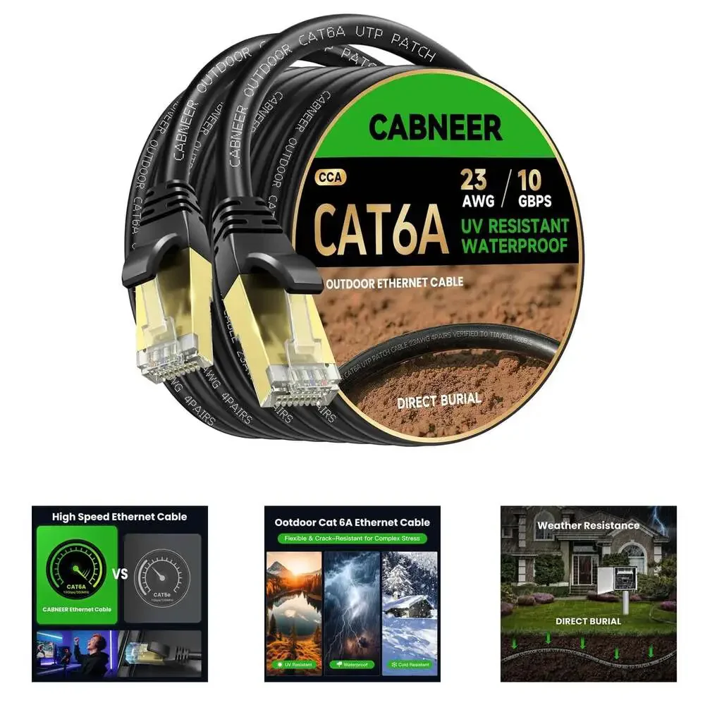 CAT6A Ethernet Cable 100 Ft Outdoor Indoor 10Gbps High Speed Weatherproof RJ45